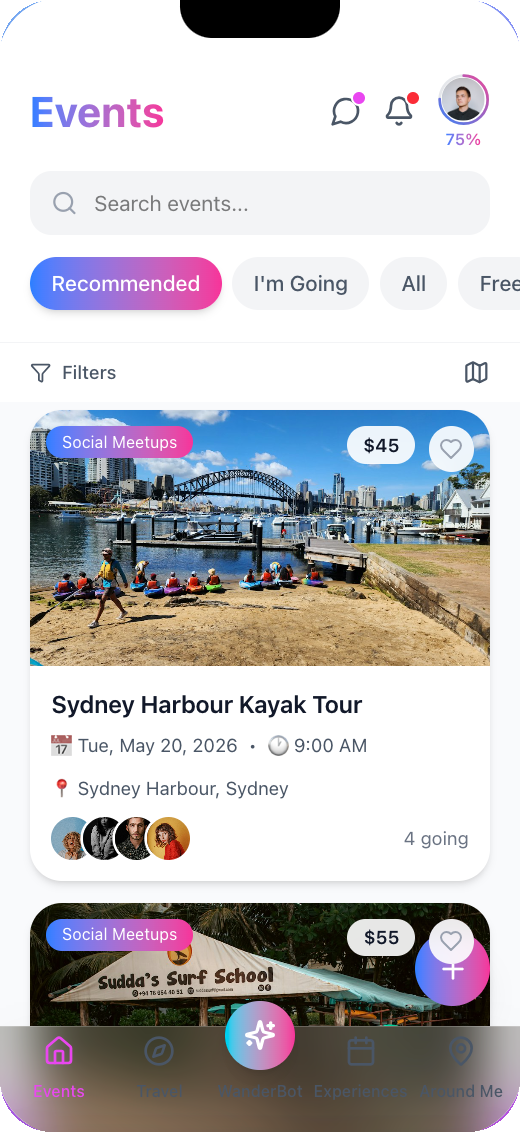 WanderBuddies Events screen