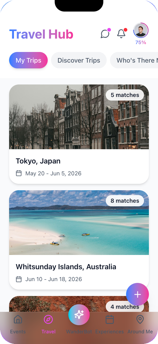 WanderBuddies Travel Hub screen