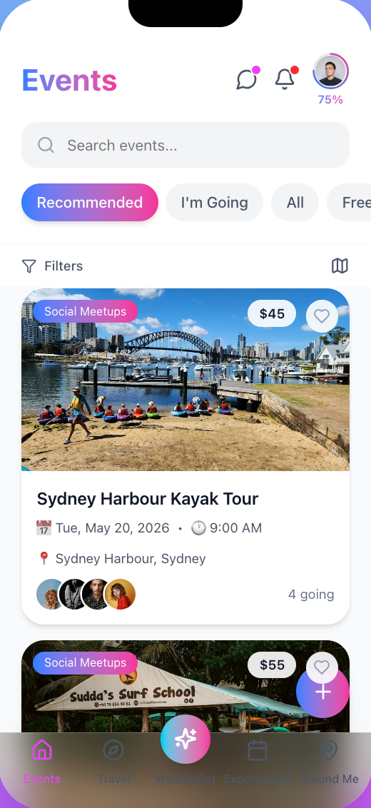 Events screen with recommended meetups