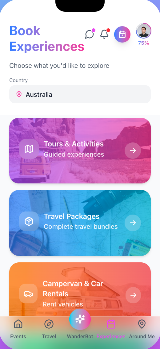 Book Experiences screen with tours, packages and rentals