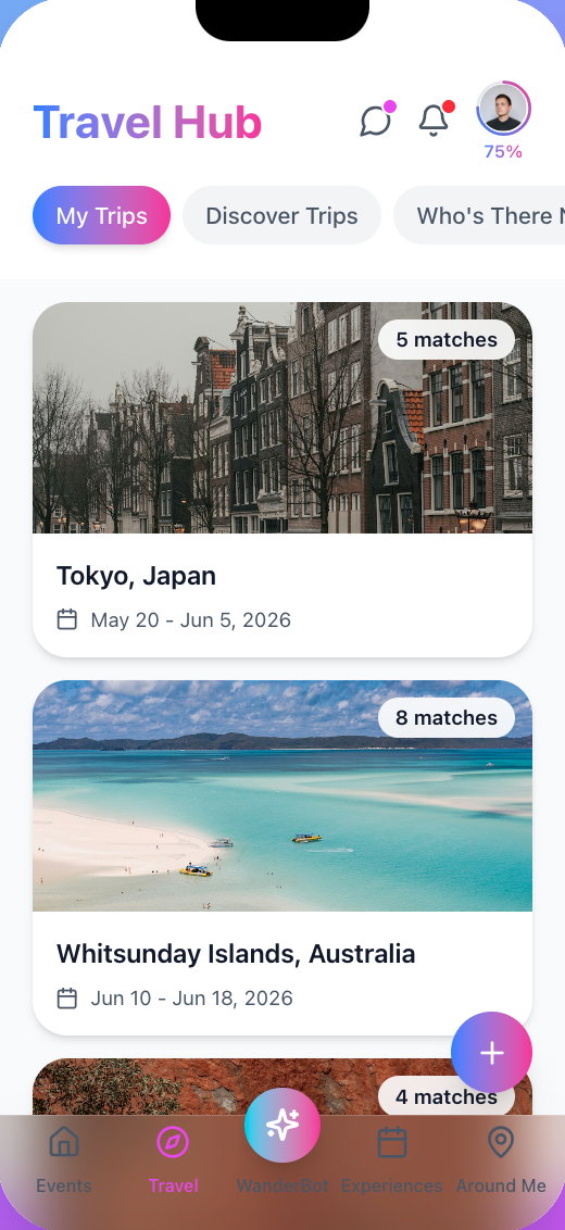 Travel Hub screen with upcoming trips